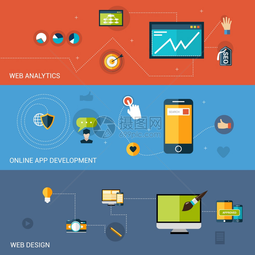 網(wǎng)頁開發(fā)中的橫幅設(shè)計(jì)與分析線應(yīng)用程序元素孤立插圖